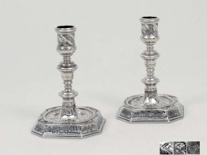 Fine Pair of James II Silver Candlesticks with Chinoiserie-Décor